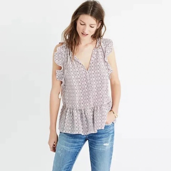 MADEWELL Women's Small 100% Silk Lily Ruffle Top in Echo Grid Blouse Tas… - Picture 3 of 13